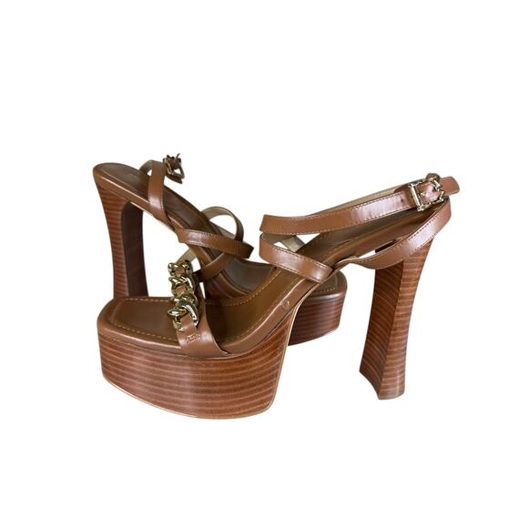 NEW Michael Kors Paola Chain Leather Platform Sandals Brown Gold Chain Size 9 - Picture 4 of 14